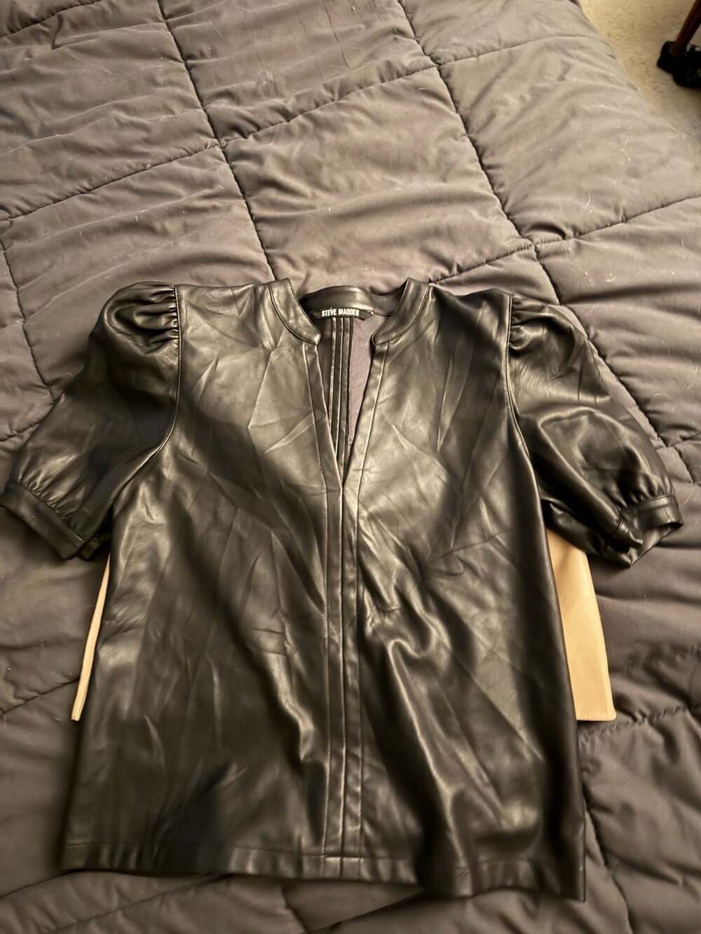 Steve Madden Roxanne Faux Leather Puff Sleeve Top in Black